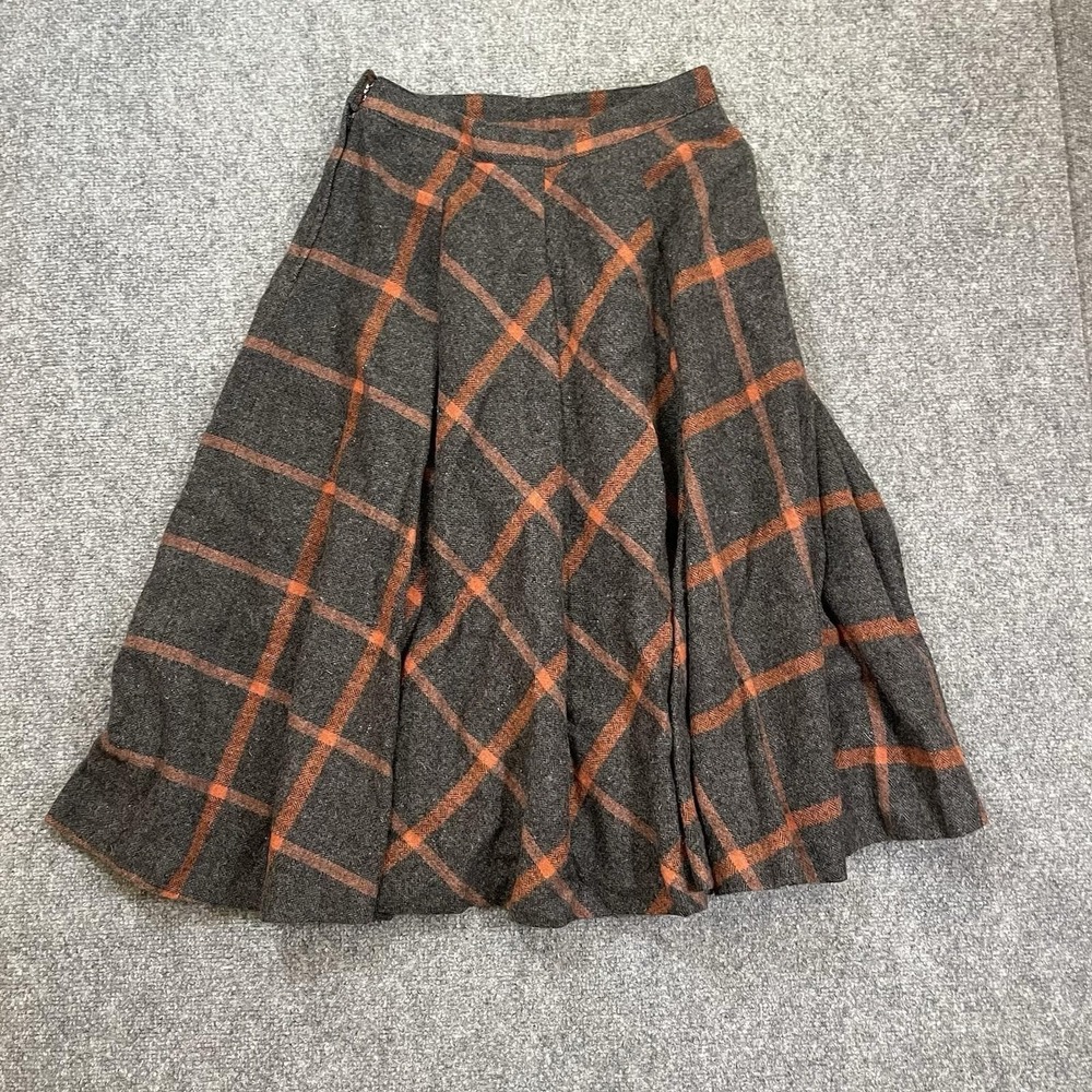 Plaid Wool Skirt Women XS Grey Orange Plaid Leather Trim A-Line Midi K Fashion